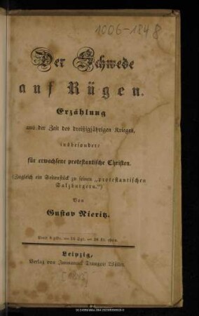 Der Schwede auf Rügen : Erzählung aus der Zeit des dreißigjährigen Krieges, insbesondere für erwachsene protestantische Christen