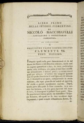 Libro primo delle Istorie Fiorentine di Niccolò Macchiavelli Cittadino e Secretario Fiorentino.