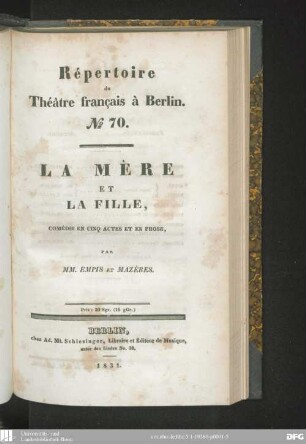 La mère et la fille : comédie en cinq actes et en prose