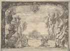 Bühnenbild zur Oper "La Caduta del Regno dell’Amazzoni" (Prolog: Herkules am Meeresstrand mit Personifikationen der vier Erdteile), aus der 1690 in Rom publizierten Edition des Librettos