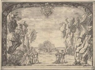 Bühnenbild zur Oper "La Caduta del Regno dell’Amazzoni" (Prolog: Herkules am Meeresstrand mit Personifikationen der vier Erdteile), aus der 1690 in Rom publizierten Edition des Librettos