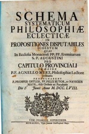 Schema Systematicum Philosophiae Eclecticae : In Propositiones Disputabiles Digestum