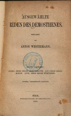 Ausgewählte Reden des Demosthenes, 3. Rede gegen Aristokrates. Rede gegen Konon. Rede gegen Eubulides