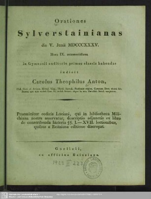 1835: Orationes Sylverstainianas ... in Gymnasii auditorio primae classis habendas indicit