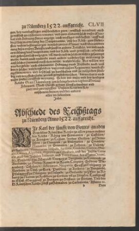 Abschiedt des Reichßtags zu Nürnberg/ Anno 1522. auffgericht.
