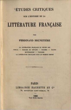 Études critiques sur l'histoire de la littérature française. I