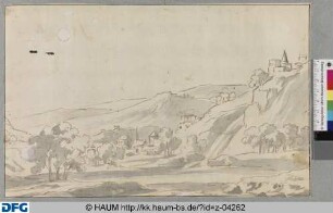 Berglandschaft mit Dorf an einem Wasserfall
