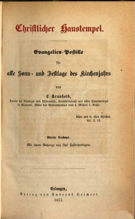 Christlicher Haustempel : Evangelien-Postille für alle Sonn- und Festtage des Kirchenjahrs