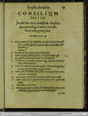 Consilium Sextum. Intellectus certae, cuiusdam clausulae, quae quandoq[ue] in literis Investiturarum apponi solet