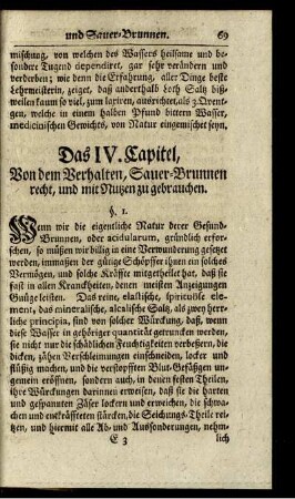 Das IV. Capitel, Von dem Verhalten, Sauer-Brunnen recht, und mit Nutzen zu gebrauchen.