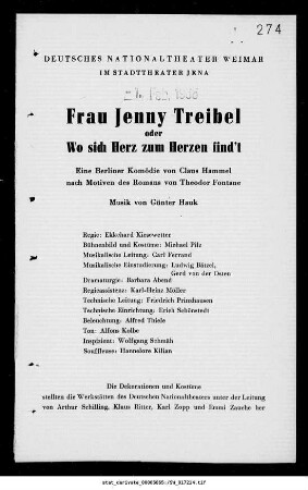 Frau Jenny Treibel oder Wo sich Herz zum Herzen find't