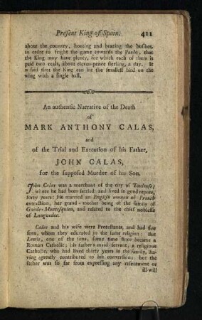 An authentic Narrative of the Death of Mark Anthony Calas, and of the Trial and Execution of the Father, John Calas, for the supposed Murder of his Son.