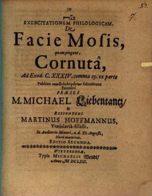Exercitatio philol. de facie Mosis, quam pingunt, cornuta, ad Exod. 34, 29.