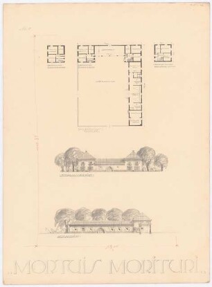 Hauptfriedhof, Dortmund: Wirtschaftsgebäude: Grundriss Erdgeschoss, 1. und 2. OG, Straßen- und Hofansicht