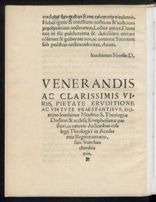 Venerandis Ac Clarissimis Viris, Pietate Eruditione Ac Virtute Praestantibus, Domino Ioachimo Morlino S. Theologiae Doctori ... S. D. ...
