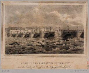 Die Elbbrücke (alte Augustusbrücke) in Dresden mit dem durch das Hochwasser am 31. März 1845 eingestürzten Pfeiler, ehemaliger Standort des Kruzifixes, im Hintergrund eine Reihe Wohnhäuser in der Neustadt