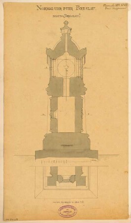 Normaluhr, Breslau Monatskonkurrenz November 1883: halber Grundriss, Vertikalschnitt; Maßstabsleiste (Kopie, da Original an Auslober ging)