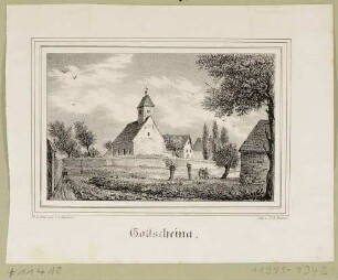 Die Kirche in Gottscheina (Leipzig-Gottscheina) nordöstlich von Leipzig mit dem alten Turm (1892 umgebaut), aus Sachsens Kirchen-Galerie von Hermann Schmidt, Bd. 9, 1844