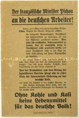 Flugblatt über den Zusammenhang von Rohstoffförderung und Lebensmittelversorgung in Deutschland im Zuge der Revolution 1918/1919