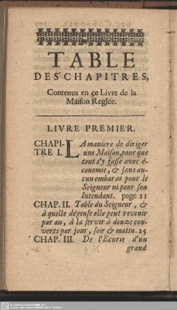 Table des Chapitres