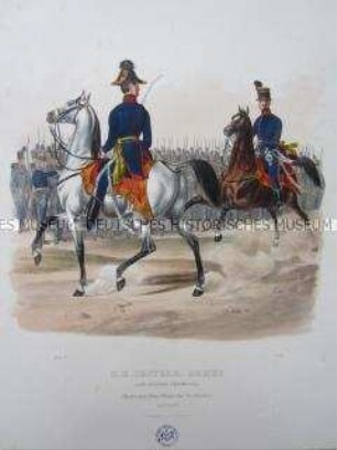Uniformdarstellung, Stabsoffizier und Oberoffizier des Tschaikisten-Korps in Parade-Uniform zu Pferd, Österreich, 1840. Tafel aus: Trentsensky: K.K. Oesterreichische Armée nach der neuen Adjustirung.