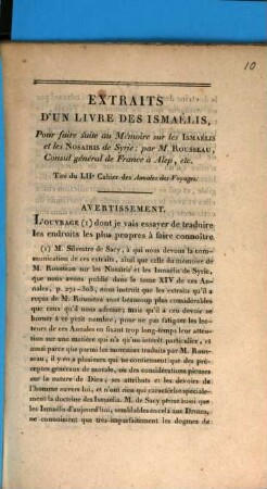 Extraits d'un livre des Ismaélis pour faire suite au Mémoire sur les Ismaélis et les Nosaïris de Syrie