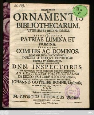 Dissertatio De Ornamentis Bibliothecarum Veterum Et Recentiorum