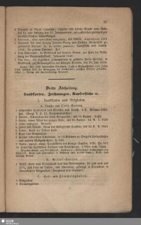 Dritte Abtheilung. Landkarten, Zeichnungen, Kupferstiche etc.