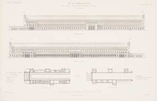 Niederschlesisch-Märkischer Bahnhof (Schlesischer Bahnhof, Ostbahnhof), Berlin: Grundriss Keller, 1.OG, Ansicht von Süden, Ansicht von Norden (aus: Atlas zur Zeitschrift für Bauwesen, hrsg. v. G. Erbkam, Jg. 20, 1870)