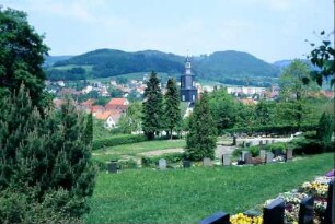 Blick über Friedhof zum Ort