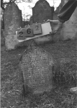 Grabstein 262 (Index: 99786831) Maße HxBxT: 62x40x5 cm Besonderheit: kulturhistorisch wertvoll / hist.-wiss. Gründe (Gemeindestellung): Grabstein 262