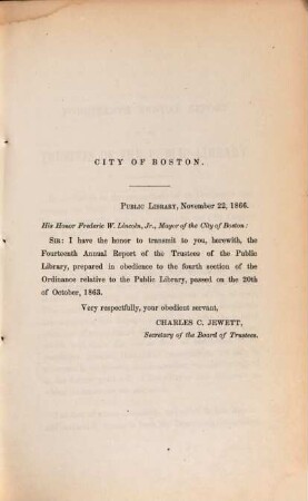 Annual report of the Trustees of the Public Library of the City of Boston : = Report of the Trustees of the Public Library of the City of Boston. 14. 1866