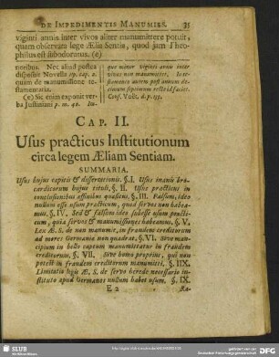 Cap. II. Usus practicus Institutionum circa legem Aeliam Sentiam