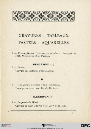 Gravures - Tableaux - Pastels - Aquarelles (Nr. 1-23)