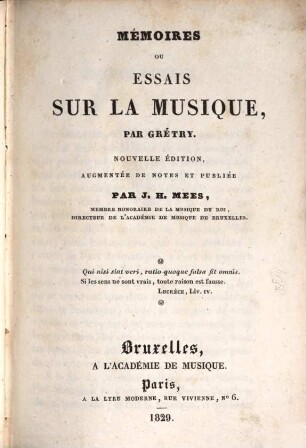 Mémoires ou essais sur la musique. Tome 2 (1829)
