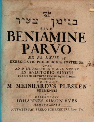 De ... Sive Benjamine parvo, ex Ps. 68, 28. exercitatio philologica, 2
