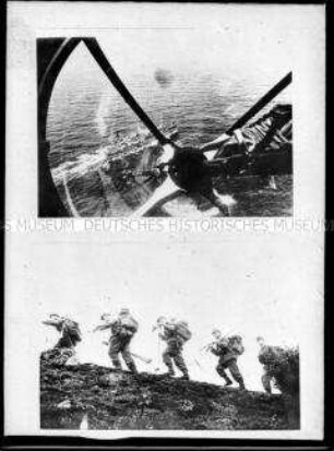 Schiff aus einem Flugzeug heraus fotografiert (oben); Soldaten auf einem Marsch mit Skiern über der Schulter (unten), 2. Weltkrieg