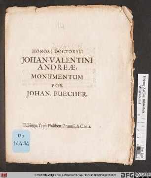Honori Doctorali Johan-Valentini Andreae, Monumentum Pos. Johan. Puecher.