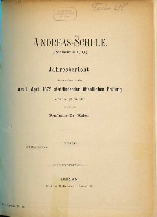 Jahresbericht : durch welchen zu der ... stattfindenden öffentlichen Prüfung ehrerbietigst einladet. 1878/79