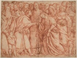Die Vermählung der heiligen Jungfrau (wohl Vor- oder Nachzeichnung zu einem Gemälde von Girolamo da Santacroce, welches auf einer Komposition von Jacopo Palma d. Ä. beruht)
