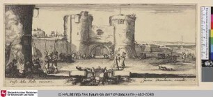 [Kriegsszene mit Ansicht von einem Stadttor in der Mitte und einem Lagerfeuer links im Vordergrund]