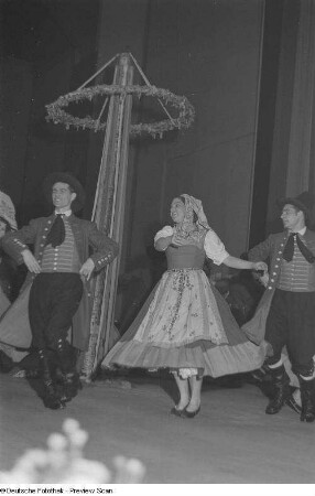 Tanzende Menschen in Tracht bei einer Veranstaltung zum Gedenken an die Völkerschlacht, im Hintergrund ein Maibaum
