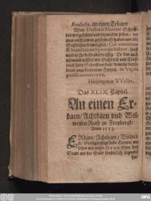 Das XLIX. Capitel. An einen Erbarn/ Achtbarn vnd Wolweisen Rath zu Freybergk/ Anno 1553.