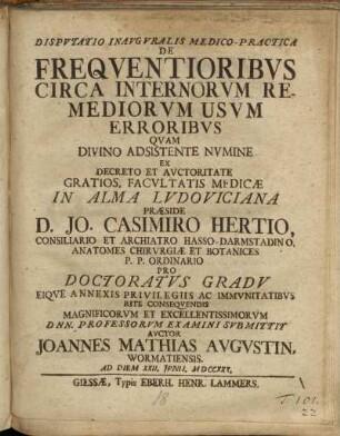 Dispvtatio Inavgvralis Medico-Practica De Freqventioribvs Circa Internorvm Remediorvm Usvm Erroribvs