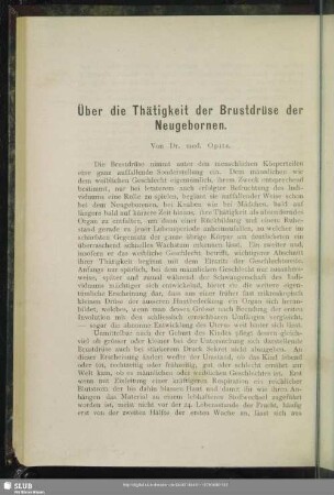 Über die Thätigkeit der Brustdrüse der Neugebornen