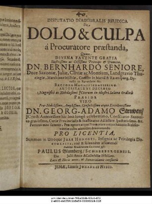 Disputatio Inauguralis Iuridica De Dolo & Culpa a Procuratore praestanda