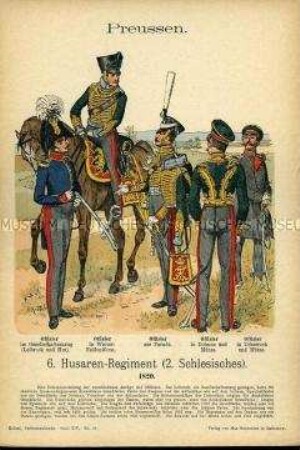 Uniformdarstellung, Offiziere des 6. Husaren-Regiments (2. Schlesisches), Königreich Preußen, 1820.