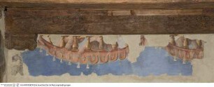 Illusionistische Freskendekoration mit Landschaftsdarstellungen auf gemalten Wandteppichen zwischen Architekturrahmungen, Bildfragmente mit Putten hinter Scheinbalustrade