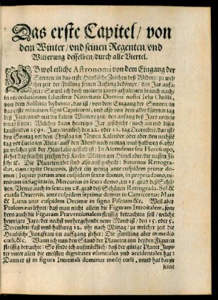 Das erste Capitel/ von dem Winter/ und seinen Regenten/ und Witterung desselben/ durch alle Viertel.
