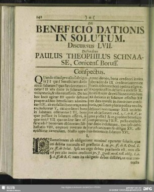 De Beneficio Dationis In Solutum, Discursus LVII. Defendens Paulus Theophilus Schnaase, Conicens. Boruss.